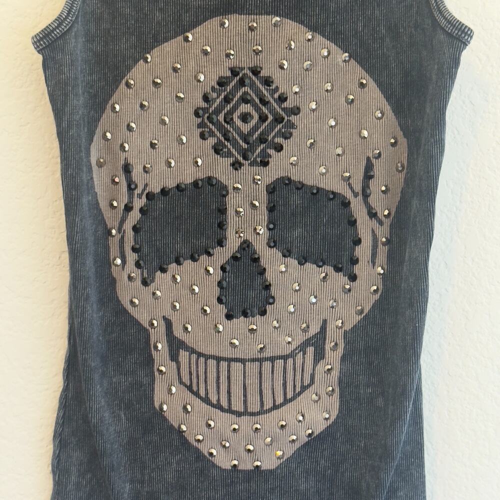 Vocal Made in USA Skull Tank Top Size L Studded Rhinestone Graphic Mineral Wash - Picture 2 of 5